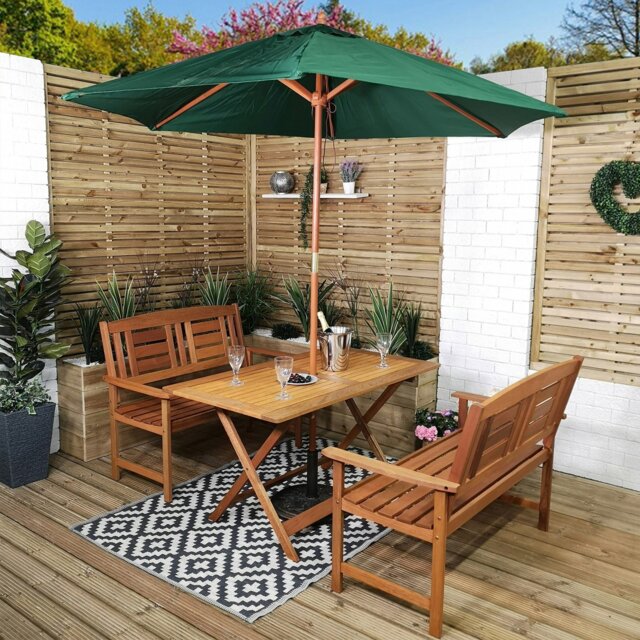 Rackhams Outdoor 4 Person Folding Rectangular Wooden Garden Patio Dining Table Benches Parasol and Base Set - Outdoor Furniture Sets - image 1