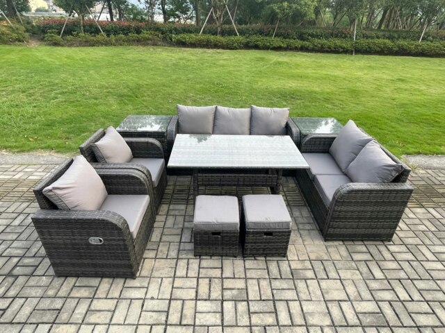 Rackhams 9 Seater Garden Rattan Furniture Dining Table Sofa Set Indoor Outdoor with 2 Reclining Chairs 2 Side Tables 2 Small Footstools Dark Grey Mixed - image 1