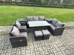 Rackhams 9 Seater Garden Rattan Furniture Dining Table Sofa Set Indoor Outdoor with 2 Reclining Chairs 2 Side Tables 2 Small Footstools Dark Grey Mixed - thumbnail 2