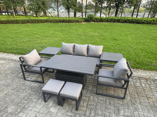 Rackhams 7 Seater Aluminium Garden Furniture Set with Adjustable Rising Dining Table, 2 Chairs, 2 Footstools, 2 Side Tables - Dark Grey - image 1