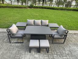 Rackhams 7 Seater Aluminium Garden Furniture Set with Adjustable Rising Dining Table, 2 Chairs, 2 Footstools, 2 Side Tables - Dark Grey - thumbnail 2