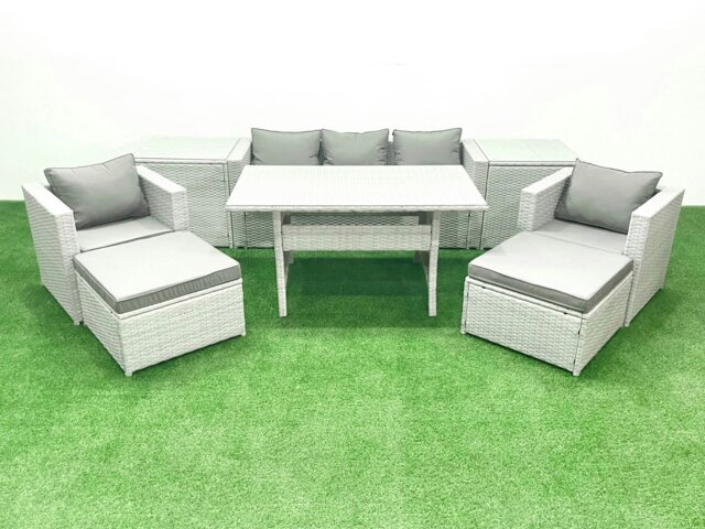 Rackhams Garden Dining Set Outdoor Rattan Furniture Set with Sofa Dining Table 2 Chairs 2 Big Footstools 2 Side Tables Light Grey Mixed - image 1