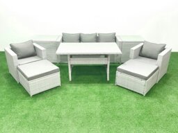 Rackhams Garden Dining Set Outdoor Rattan Furniture Set with Sofa Dining Table 2 Chairs 2 Big Footstools 2 Side Tables Light Grey Mixed - thumbnail 2
