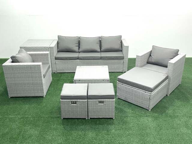 Rackhams Rattan Garden Outdoor Furniture Sofa Set with Square Coffee Table 2 Chairs 3 Footstools Side Table Light Grey Mixed - image 1