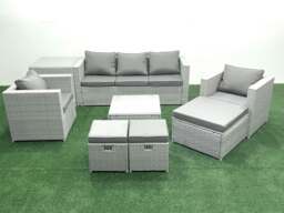 Rackhams Rattan Garden Outdoor Furniture Sofa Set with Square Coffee Table 2 Chairs 3 Footstools Side Table Light Grey Mixed - thumbnail 2