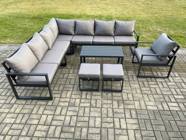Rackhams Aluminium Outdoor Garden Furniture Set Lounge Corner Sofa Chair Oblong Coffee Table Sets with 2 Small Footstools Dark Grey