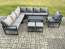 Rackhams Aluminium Outdoor Garden Furniture Set Lounge Corner Sofa Chair Oblong Coffee Table Sets with 2 Small Footstools Dark Grey - thumbnail 1