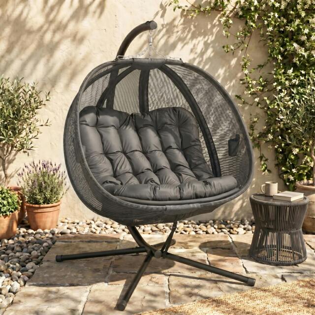 Rackhams Double Hanging Egg Chair 2 Seaters Swing Hammock w/ Cushion, Brown - Grey - image 1