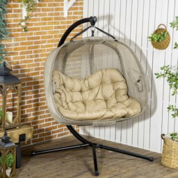 Rackhams Double Hanging Egg Chair 2 Seaters Swing Hammock w/ Cushion, Brown - Grey - thumbnail 3