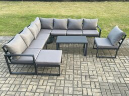 Rackhams Aluminium 9 Seater Patio Outdoor Garden Furniture Lounge Corner Sofa Set with Oblong Coffee Table Big Footstool Dark Grey - thumbnail 2