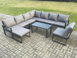 Rackhams Aluminium 9 Seater Patio Outdoor Garden Furniture Lounge Corner Sofa Set with Oblong Coffee Table Big Footstool Dark Grey - thumbnail 1
