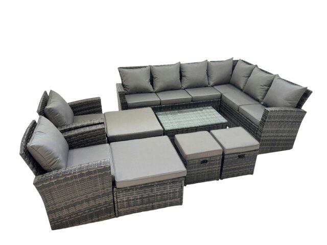 Rackhams Rattan Garden Outdoor Furniture Set 12 Seater Garden Sofa Coffee Table Set with Chair 4 Footstools Dark Grey Mixed - image 1