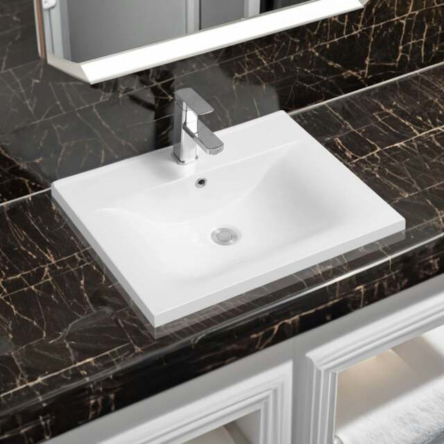 Rackhams 5089 Ceramic 61cm Thin-Edge Inset Basin with Dipped Bowl - White - Ceramic - 61cm - image 1