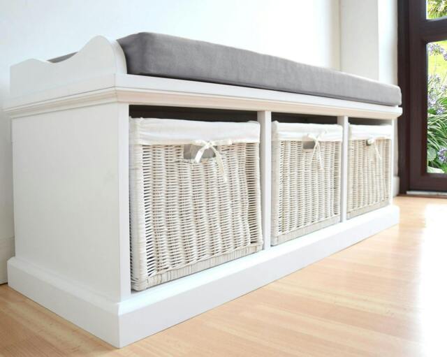 Rackhams Tetbury Bench with 3 White Wicker Baskets and Cushion, Assembled Hallway Storage - White - image 1