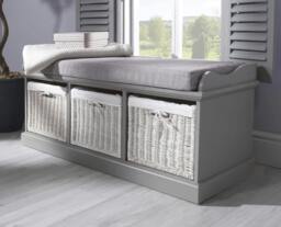 Rackhams Tetbury Bench with 3 White Wicker Baskets and Cushion, Assembled Hallway Storage - White - thumbnail 6
