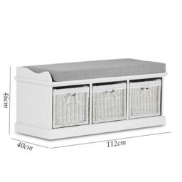 Rackhams Tetbury Bench with 3 White Wicker Baskets and Cushion, Assembled Hallway Storage - White - thumbnail 2