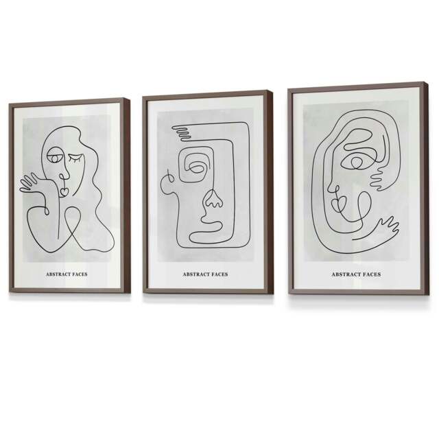 Rackhams Picasso Style Grey Abstract Faces Framed Wall Art Prints - 30x42cm (A3) - Light Walnut - image 1