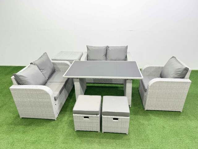 Rackhams Rattan Sofa Outdoor Furniture with Dining Table,Side Table,Love Sofa,2 Small Stools Patio Furniture Light Grey 7 Seater - image 1