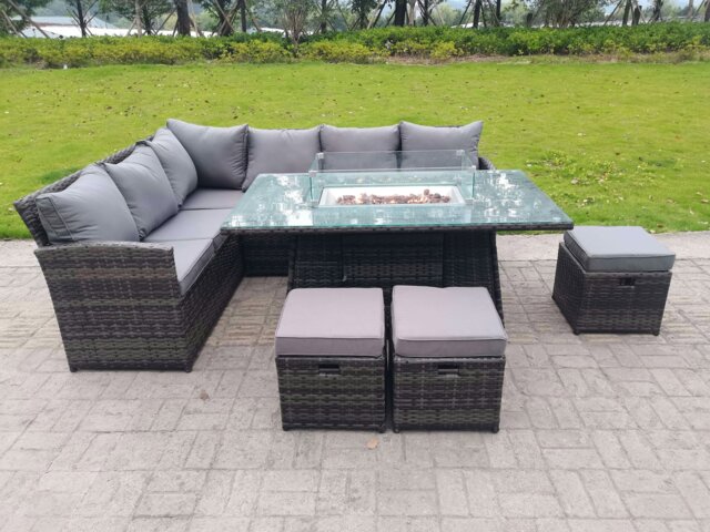 Rackhams High Back Corner Rattan Garden Furniture Sofa Gas Fire Pit Dining Table Sets Gas Heater 9 Seater 3 Small Footstools - image 1