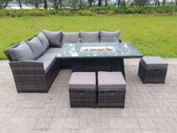 Rackhams High Back Corner Rattan Garden Furniture Sofa Gas Fire Pit Dining Table Sets Gas Heater 9 Seater 3 Small Footstools
