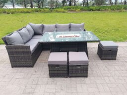 Rackhams High Back Corner Rattan Garden Furniture Sofa Gas Fire Pit Dining Table Sets Gas Heater 9 Seater 3 Small Footstools - thumbnail 2