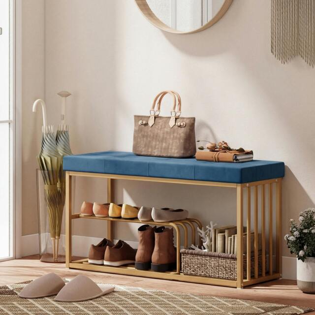 Rackhams Shoe Storage Bench with Seat Cushion Tufted Shoe Rack Bench - Dark Blue - image 1