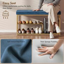 Rackhams Shoe Storage Bench with Seat Cushion Tufted Shoe Rack Bench - Dark Blue - thumbnail 5