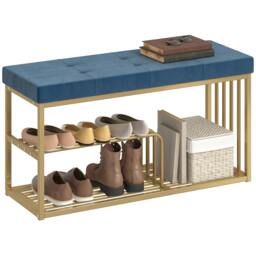 Rackhams Shoe Storage Bench with Seat Cushion Tufted Shoe Rack Bench - Dark Blue - thumbnail 2