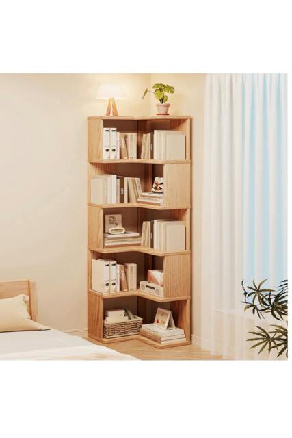 Rackhams 6/5/4-Tier L-shaped Corner Bookshelf Wooden Storage Rack Bookcase Holder Organizer - Natural - L - image 1