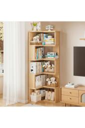 Rackhams 6/5/4-Tier L-shaped Corner Bookshelf Wooden Storage Rack Bookcase Holder Organizer - Natural - L - thumbnail 2