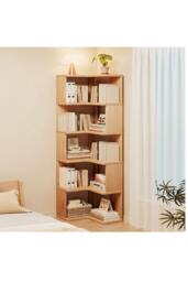 Rackhams 6/5/4-Tier L-shaped Corner Bookshelf Wooden Storage Rack Bookcase Holder Organizer - Natural - L