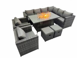 Rackhams Garden Rattan Furniture Set 10 Seater Outdoor Corner Sofa 2 Chair Gas Fire Pit Dining Table Set with 2 Small Stools Dark Grey - thumbnail 1