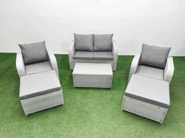 Rackhams Light Grey PE Wicker Rattan Garden Furniture Set Sofa Set Reclining Adjustable Chair Rectangular Coffee Table 6 Seater 3 Big Stools - image 1