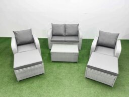 Rackhams Light Grey PE Wicker Rattan Garden Furniture Set Sofa Set Reclining Adjustable Chair Rectangular Coffee Table 6 Seater 3 Big Stools - thumbnail 1