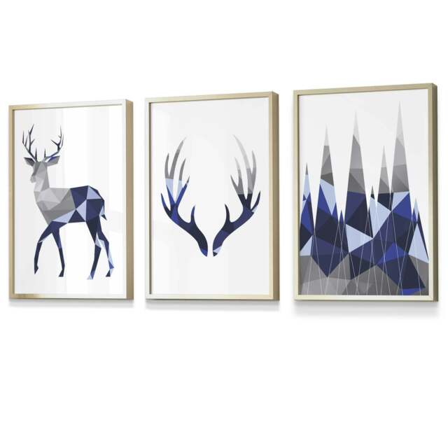 Rackhams Geometric Navy Blue Grey Stags Framed Wall Art Set - 42x59cm (A2) - Gold - image 1