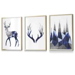 Rackhams Geometric Navy Blue Grey Stags Framed Wall Art Set - 42x59cm (A2) - Gold