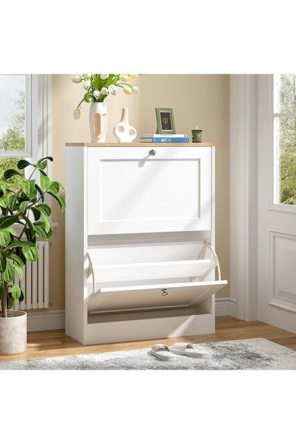 Rackhams Wooden 2 Drawer Flip Down Shoe Cabinet White - White - image 1