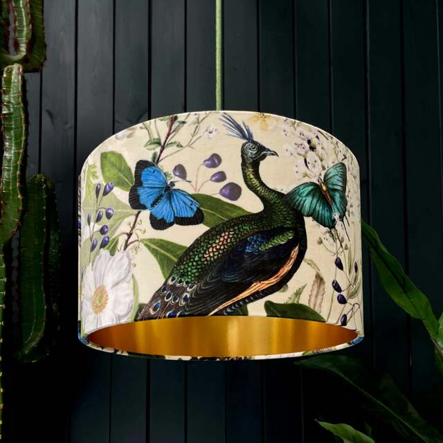 "Rackhams Parchment Mythical Plumes Velvet Lampshade With Gold Lining - Ceiling Pendant / Arc Lamp - 30cm Diameter x 25cm Height (12"" x 10"")" - image 1