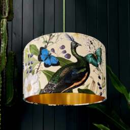 "Rackhams Parchment Mythical Plumes Velvet Lampshade With Gold Lining - Ceiling Pendant / Arc Lamp - 30cm Diameter x 25cm Height (12"" x 10"")"