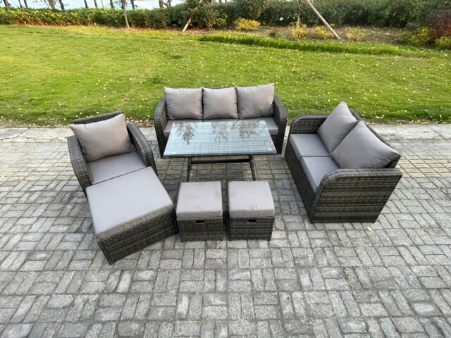 Rackhams 9 Seater Outdoor Rattan Garden Furniture Set Patio Lounge Sofa Set with Dining Table 3 Footstools Dark Grey Mixed - image 1
