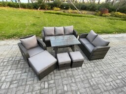 Rackhams 9 Seater Outdoor Rattan Garden Furniture Set Patio Lounge Sofa Set with Dining Table 3 Footstools Dark Grey Mixed - thumbnail 2