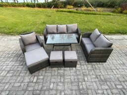 Rackhams 9 Seater Outdoor Rattan Garden Furniture Set Patio Lounge Sofa Set with Dining Table 3 Footstools Dark Grey Mixed - thumbnail 1
