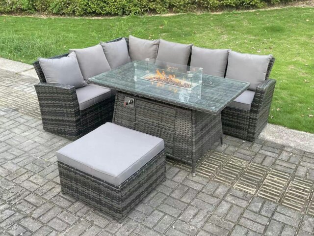 Rackhams 7 Seater?Outdoor High Back Rattan Gas Fire Pit Corner Sofa Dining Set Garden Furniture Heater Dining Table Dark Grey Mixed Left Side - image 1