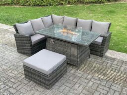 Rackhams 7 Seater?Outdoor High Back Rattan Gas Fire Pit Corner Sofa Dining Set Garden Furniture Heater Dining Table Dark Grey Mixed Left Side - thumbnail 1