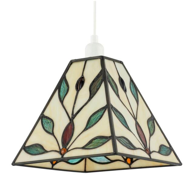 Rackhams Square Tiffany Glass Pendant Light Shade with Emerald Green Leaves - image 1