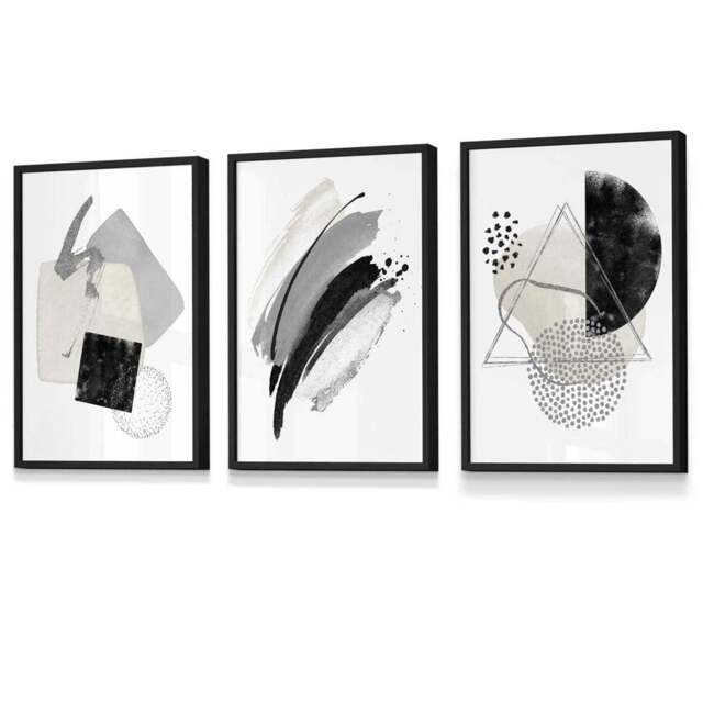 Rackhams Abstract Grey Black and Silver Set of 3 Framed Wall Art Prints - 59x84cm (A1) - Black - image 1