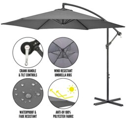 Rackhams 3m Hanging Banana Cantilever Garden Parasol with Cover in Grey - Outdoor Umbrella & Parasols - thumbnail 4