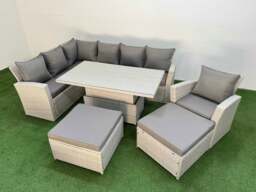Rackhams 9 Seat Rattan Outdoor Garden Furniture Corner Sofa Set Adjustable Lifting Dining or Coffee Table Set with 2 Big Footstools Light Grey - thumbnail 2