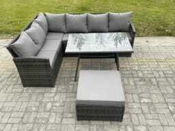 Rackhams Rattan Garden Furniture Corner Sofa Set with Oblong Dining Table Big Footstool Outdoor Wicker Rattan Set Dark Grey Mixed - thumbnail 1