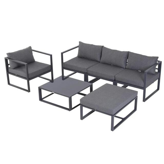 Rackhams 6 PCs Outdoor Indoor Sectional Sofa Set Thick Padded Cushions Aluminium Frame 5 Seaters 1 Coffee Table Footrest Grey - image 1